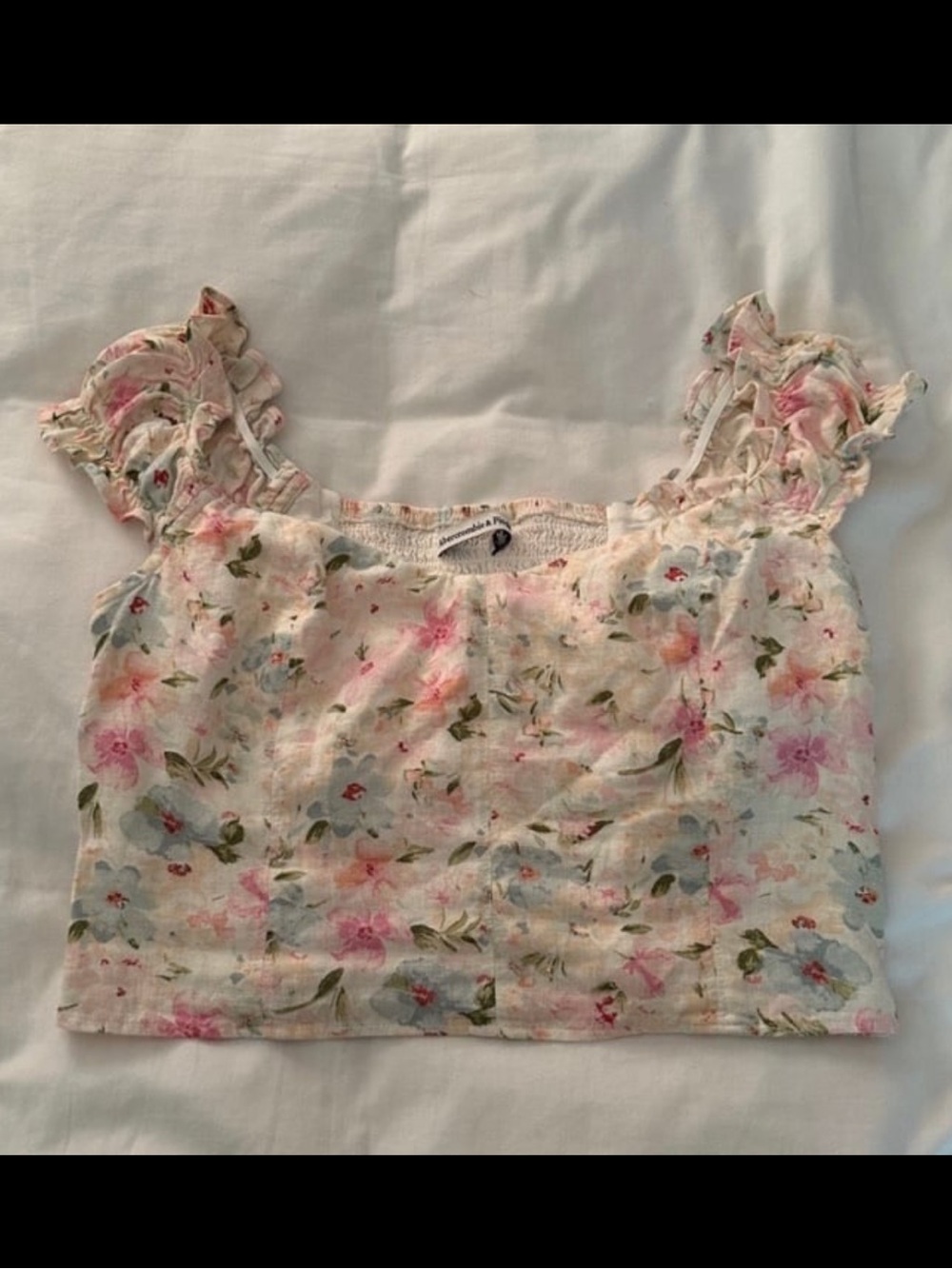 Abercrombie & Fitch Floral Ruffle Sleeve Crop Top - White, Pink, Green